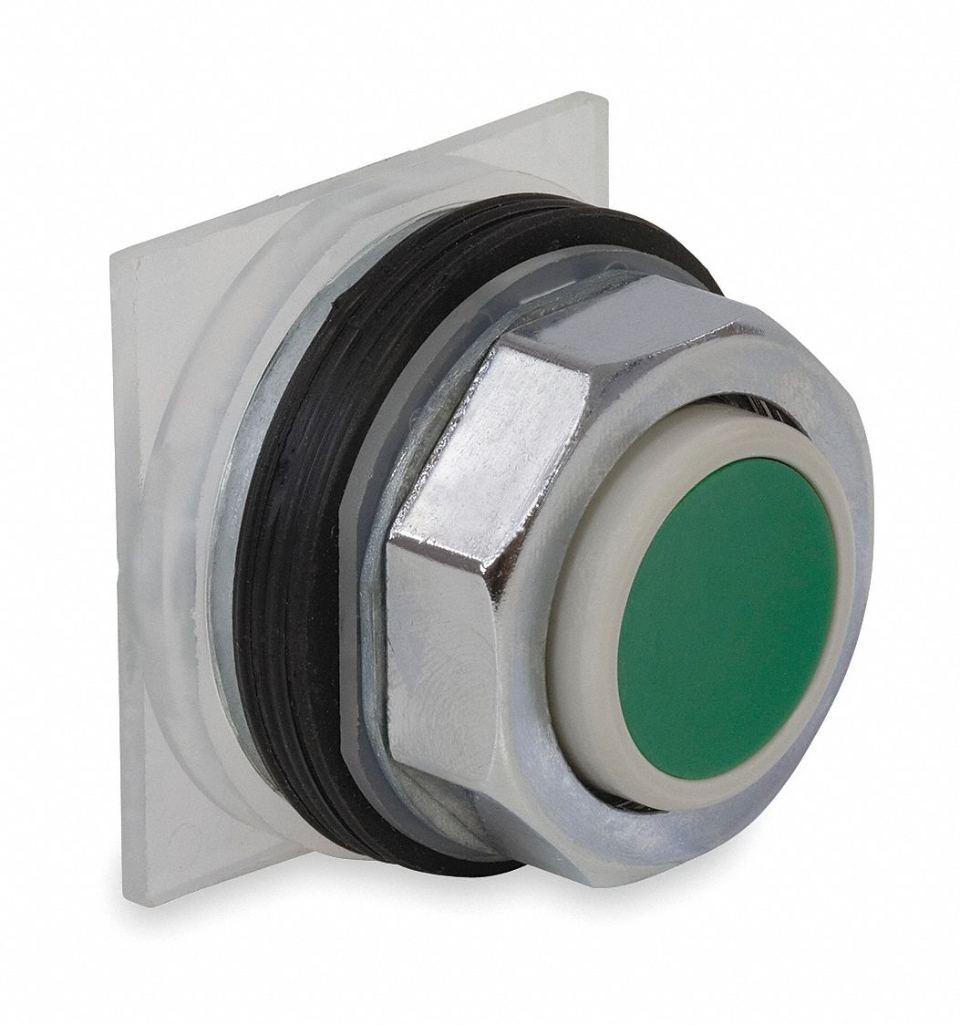 Extended Push Button: Green, 30 mm Mounting Size, Metallic, Momentary
