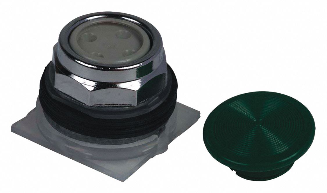 Mushroom Head Push Button: Green, 30 mm Mounting Size, Metallic, Momentary