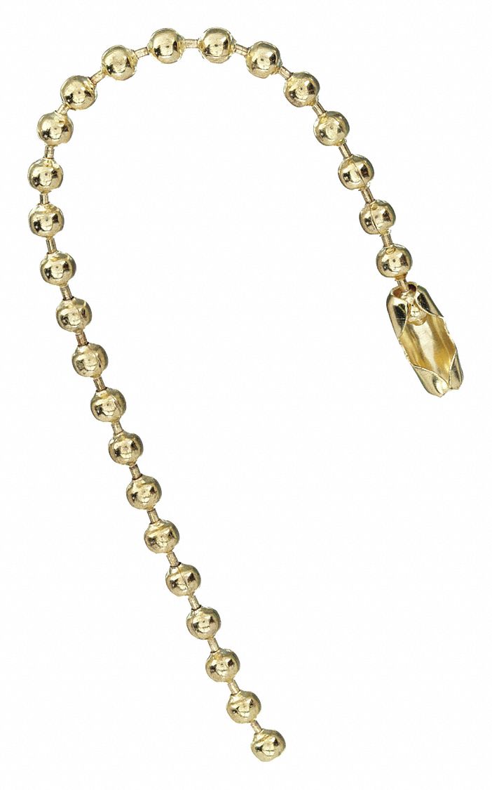 Beaded Chain: Ball Chain, 0.03 in Wire Dia, 4 1/2 in Lg, Includes Coupling Link, Iron, Gold, 100 PK