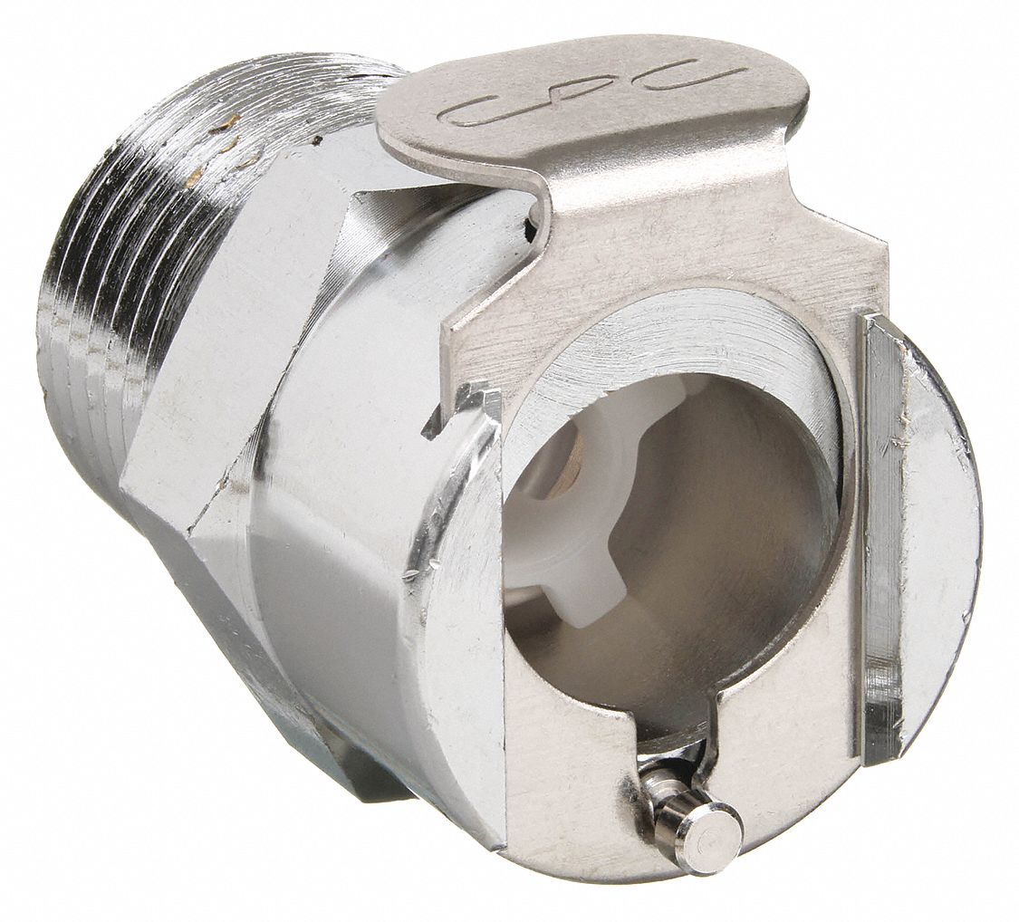 INLINE COUPLER: CHROME PLATED CA360 BRASS, ⅜ IN PIPE SIZE, COUPLER X MNPT, SHUT-OFF, PLC