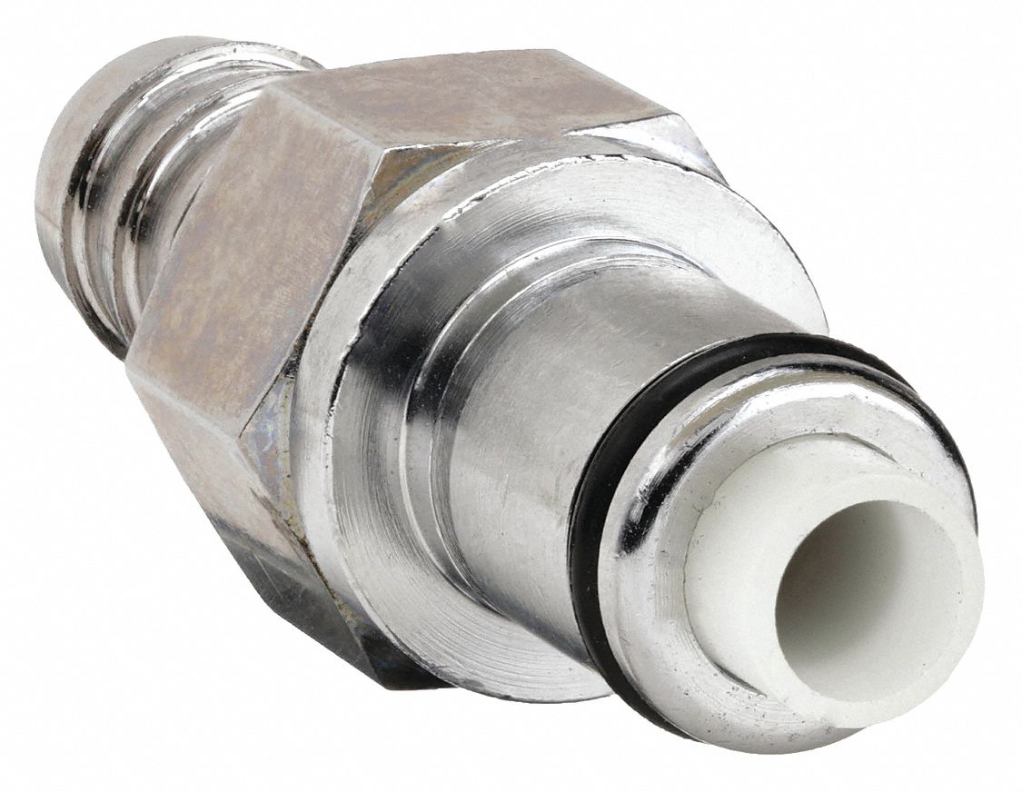 INLINE INSERT: CHROME PLATED CA360 BRASS, ⅜ IN, BARBED X INSERT, SHUT-OFF, 1 27/32 IN L