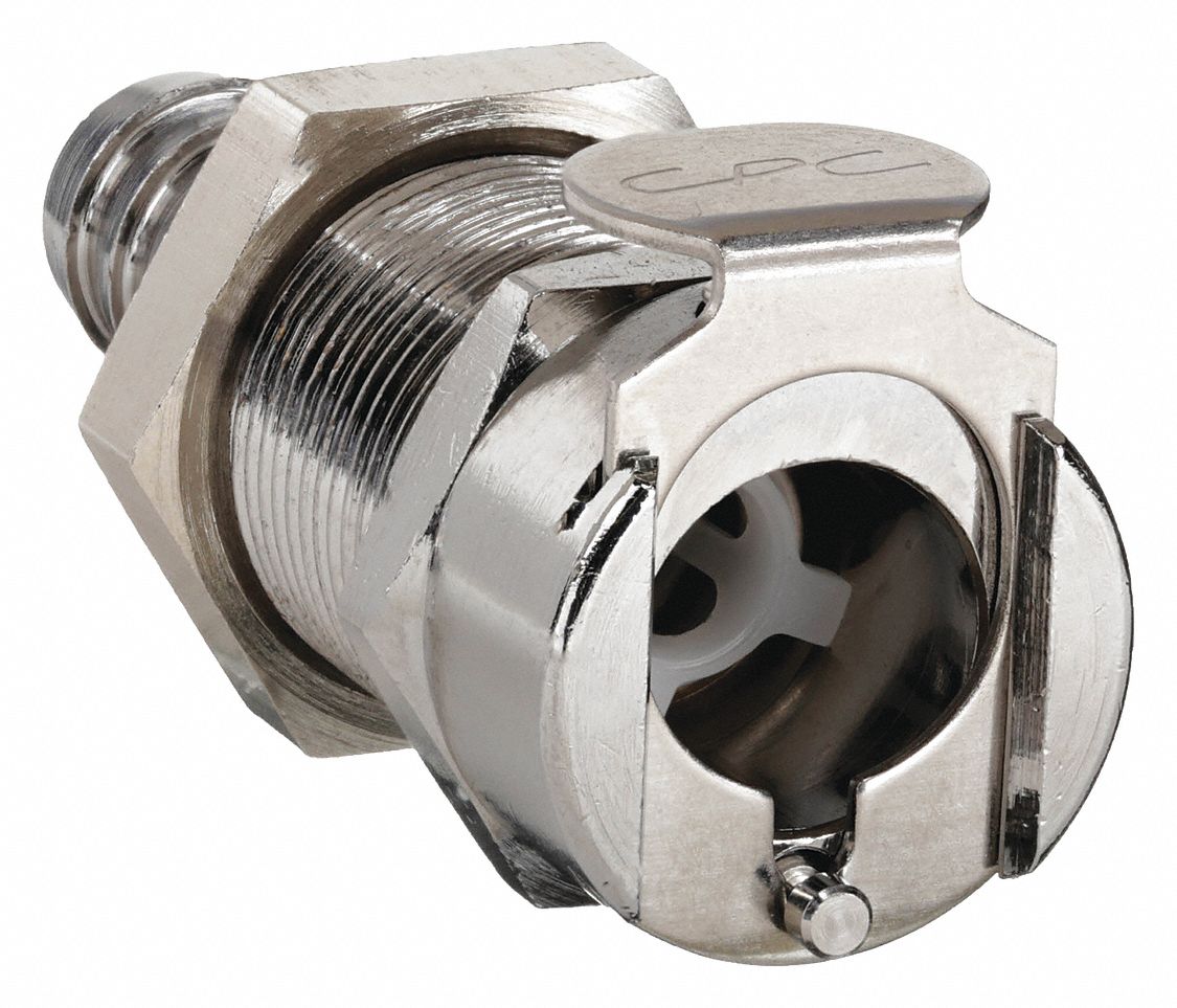 PANEL MOUNT COUPLER: CHROME PLATED CA360 BRASS, 5/16 IN, BARBED X COUPLER, SHUT-OFF, 2 IN L