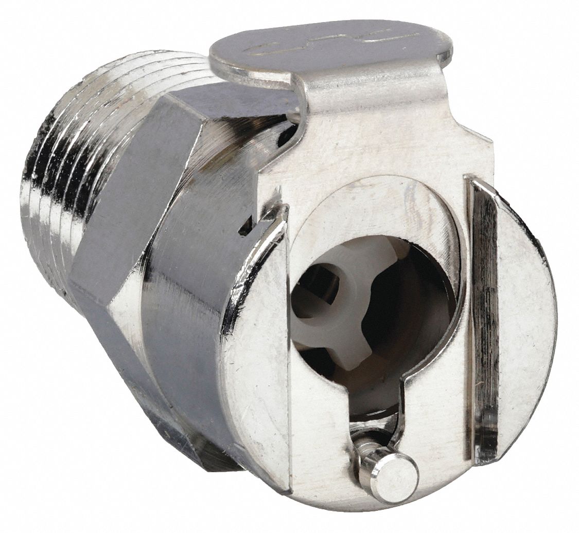 INLINE COUPLER: CHROME PLATED CA360 BRASS, ¼ IN PIPE, COUPLER X MNPT, SHUT-OFF, PMC12