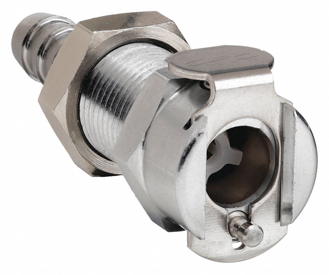 PANEL MOUNT COUPLER: CHROME PLATED CA360 BRASS, ⅛ IN, BARBED X COUPLER, SHUT-OFF, PMC12