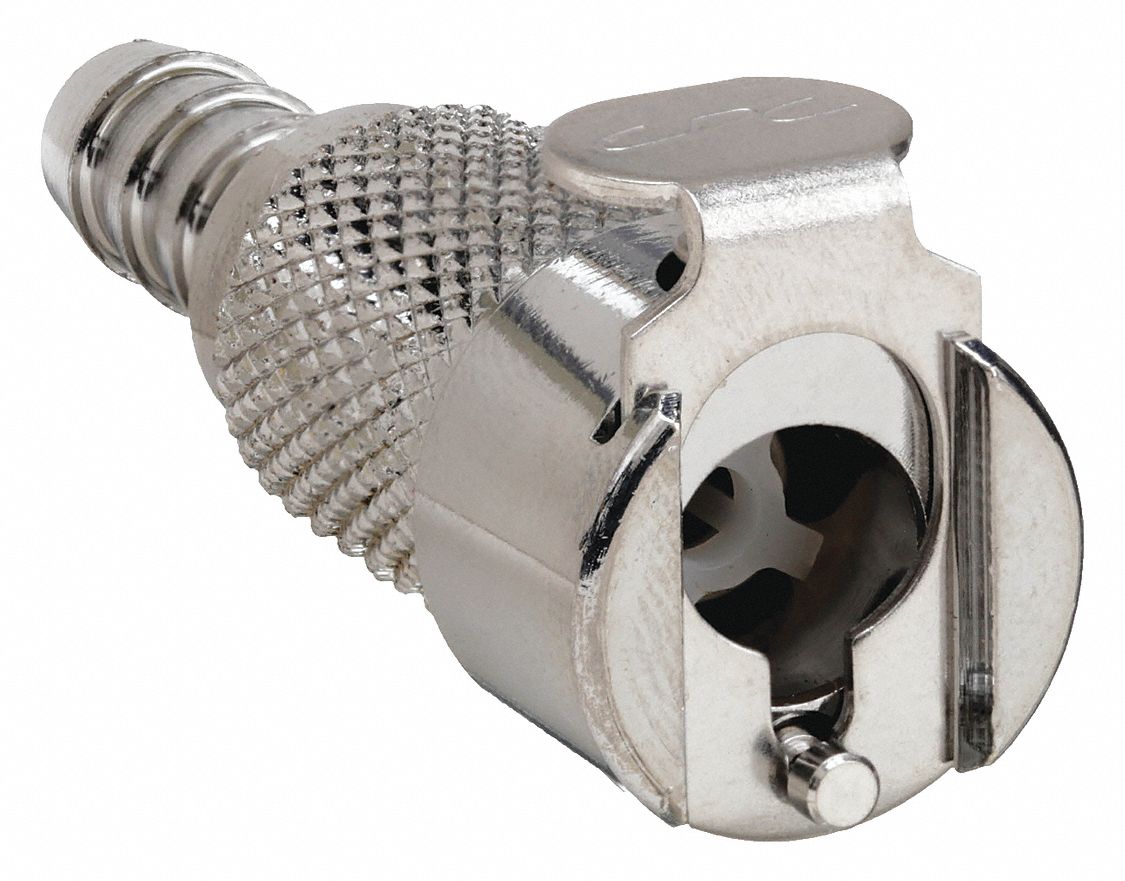 INLINE COUPLER: CHROME PLATED CA360 BRASS, ¼ IN, BARBED X COUPLER, SHUT-OFF, 1 29/32 IN L