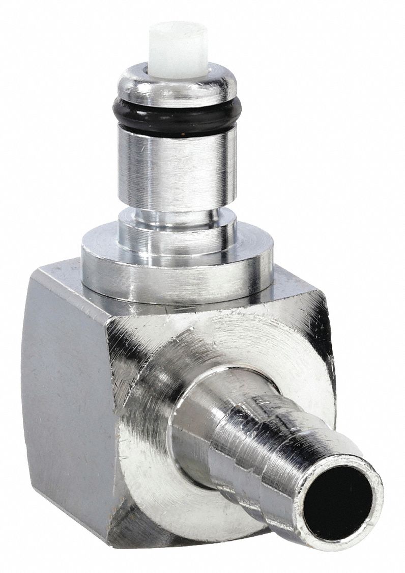 ELBOW INSERT: CHROME PLATED CA360 BRASS, ⅛ IN, BARBED X INSERT, SHUT-OFF, 1 9/32 IN L