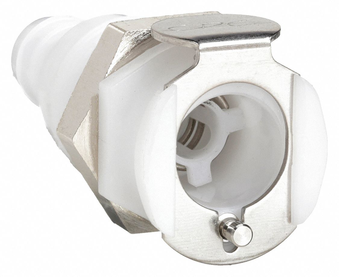 PANEL MOUNT COUPLER: ACETAL, 5/16 IN, BARBED X COUPLER, FLOW-THROUGH, 1 15/16 IN L, WHITE