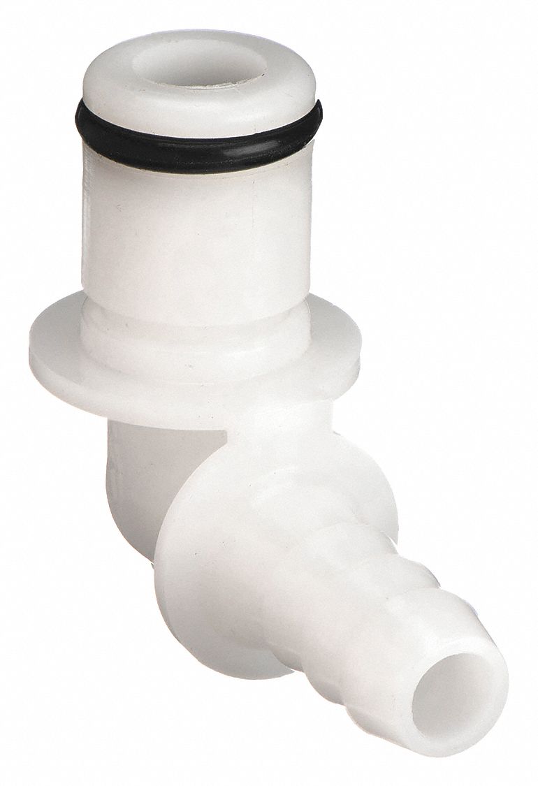 Quick Connection Insert: 90° Elbow, 1/4 in ID Size, Barbed x Barbed, Acetal, White