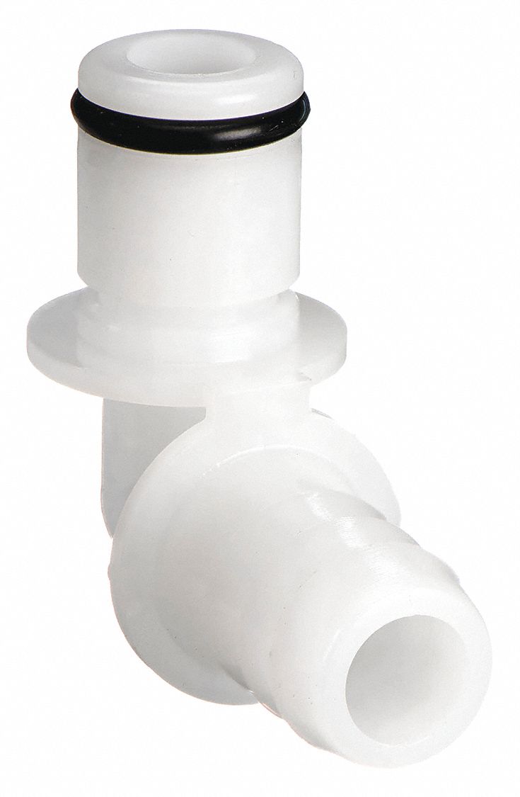 ELBOW INSERT: ACETAL, ⅜ IN, BARBED X INSERT, FLOW-THROUGH, 1¼ IN OVERALL LG, WHITE, PLC