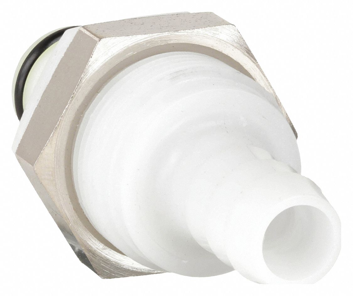 PANEL MOUNT INSERT: ACETAL, ¼ IN, BARBED X INSERT, FLOW-THROUGH, 1 29/32 IN L, WHITE, PLC