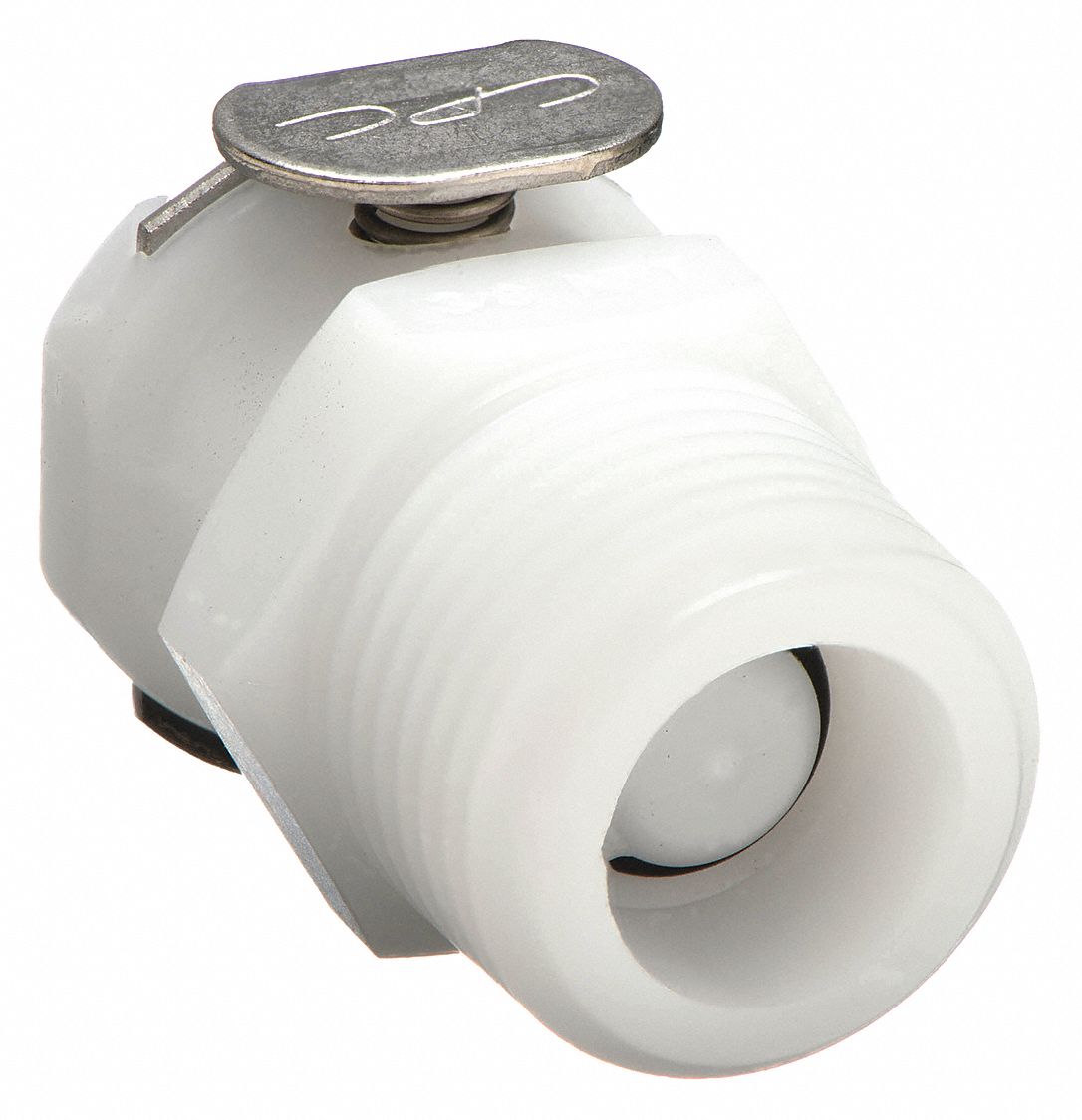 INLINE COUPLER: ACETAL, ¼ IN PIPE, COUPLER X MNPT, SHUT-OFF, 1 5/32 IN L, WHITE, PLC