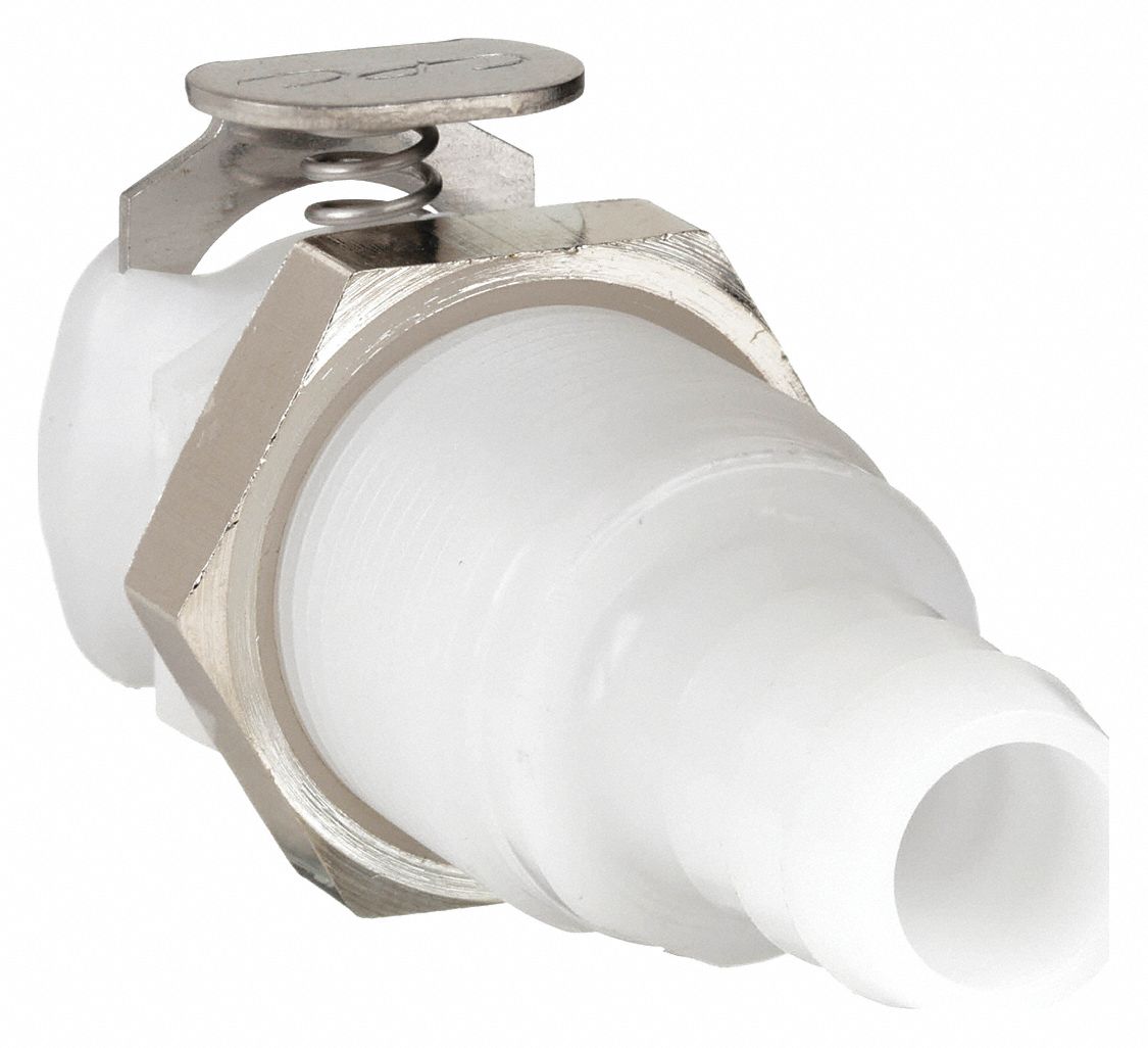 PANEL MOUNT COUPLER: ACETAL, ⅜ IN, BARBED X COUPLER, SHUT-OFF, 1 15/16 IN L, WHITE, PLC