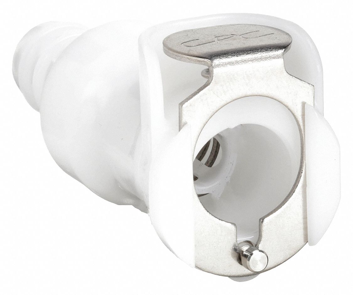 INLINE COUPLER: ACETAL, ⅜ IN, BARBED X COUPLER, SHUT-OFF, 1 15/16 IN L, WHITE, PLC