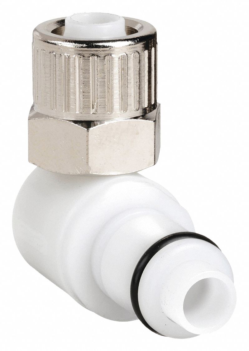 ELBOW INSERT: ACETAL, ¼ IN X 17/100 IN, INSERT X TUBE, SHUT-OFF, 1 7/32 IN L, WHITE