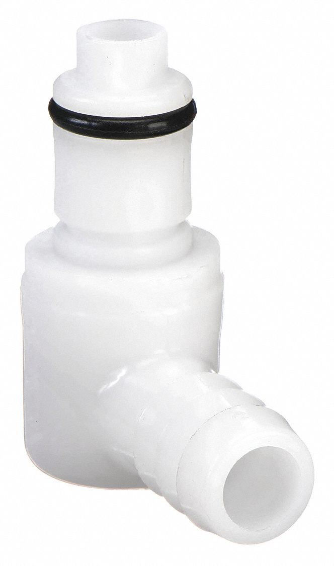 ELBOW INSERT: ACETAL, ⅜ IN, BARBED X INSERT, SHUT-OFF, 1 9/32 IN OVERALL LG, WHITE, PLC