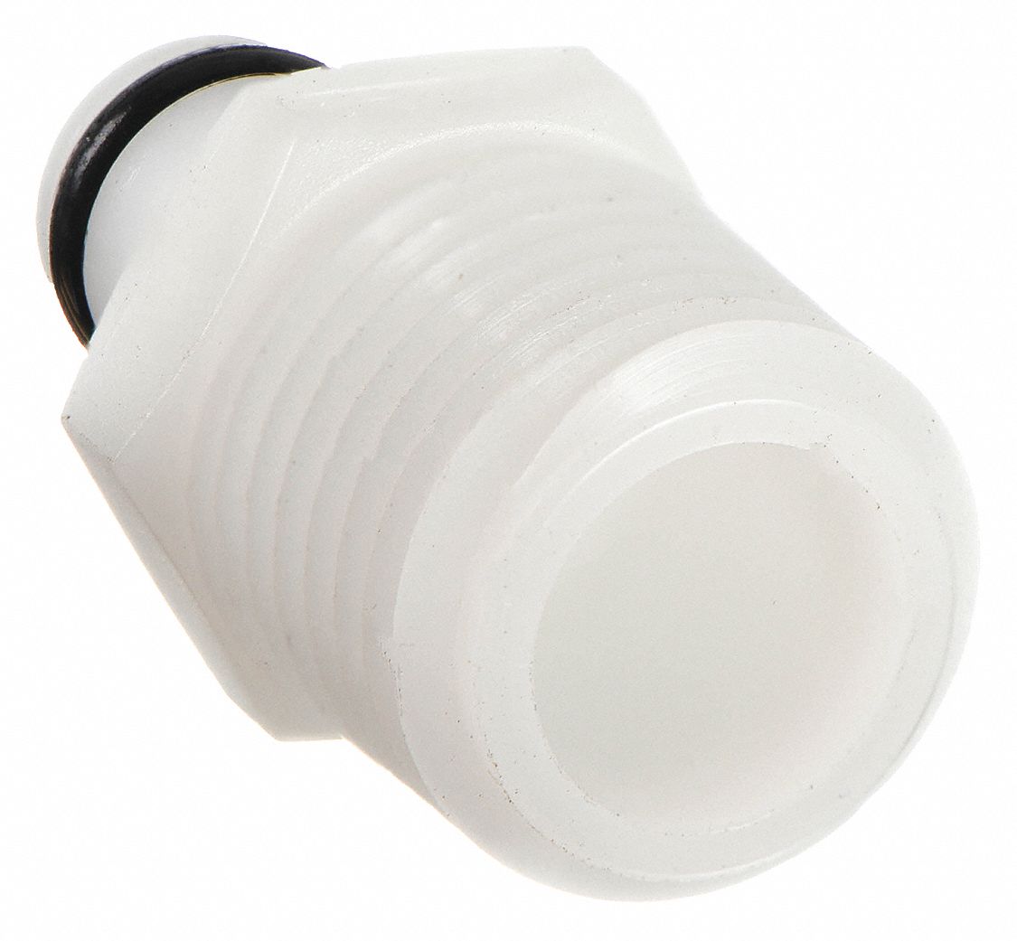 INLINE INSERT: ACETAL, ¼ IN PIPE SIZE, INSERT X MNPT, SHUT-OFF, 1 21/32 IN L, WHITE, PLC