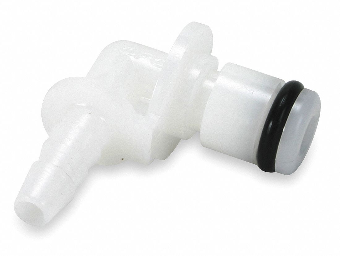 ELBOW INSERT: ACETAL, ¼ IN, BARBED X INSERT, FLOW-THROUGH, 1 IN OVERALL LG, WHITE, PMC