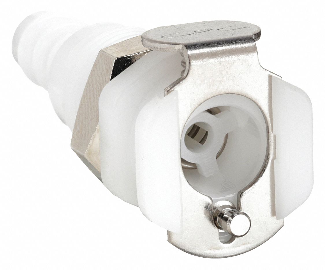 PANEL MOUNT COUPLER: ACETAL, ⅛ IN, BARBED X COUPLER, SHUT-OFF, 1 21/32 IN L, WHITE, PMC12