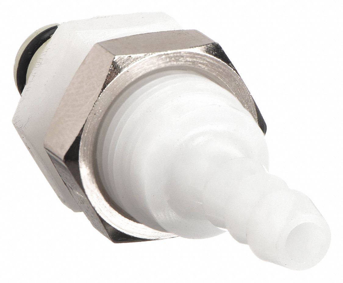 PANEL MOUNT INSERT: ACETAL, 3/16 IN, BARBED X INSERT, SHUT-OFF, 1 15/16 IN L, WHITE, PMC12