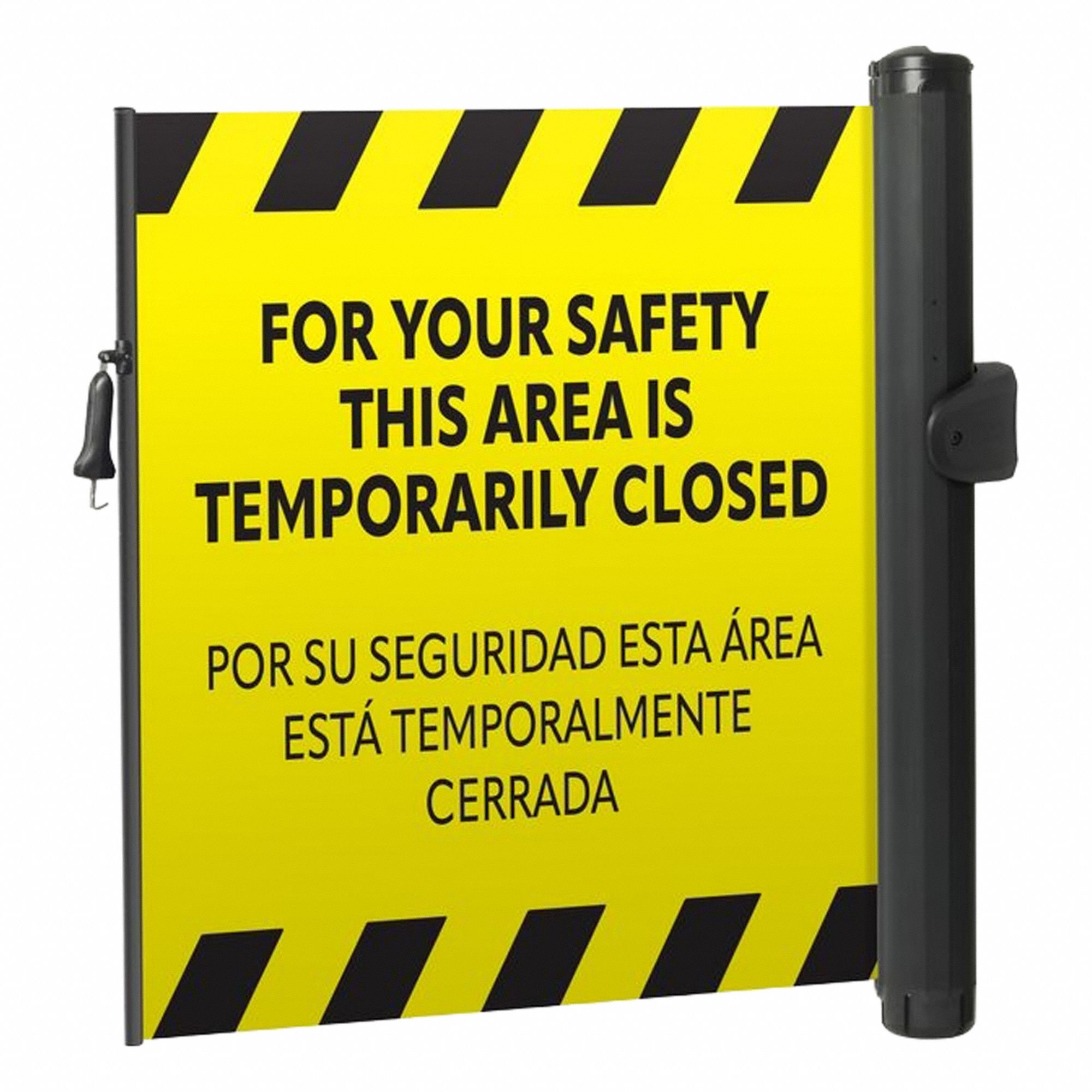 MODUS Mounted Barrier: Fixed Mount, 11 1/2 ft Belt Lg, Restricted Access Messaging, Yellow (MPN ZP+MPP-Y-IH). Key specifications — Message Color: Black; Frame Color: Black; Brand: MODUS; Belt Color: Yellow.