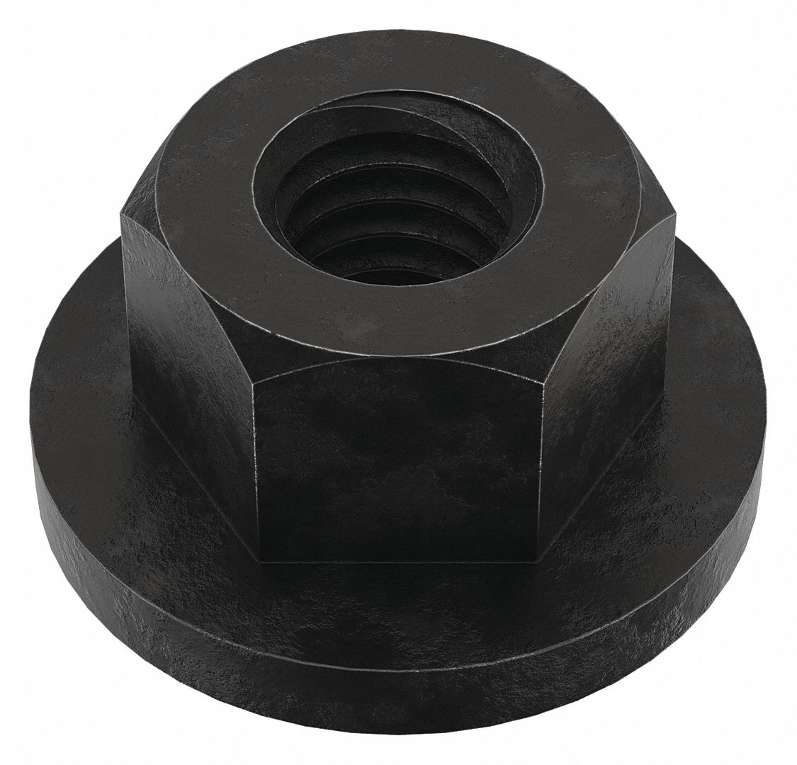 Flange Nut: M6x1.00 Thread, Steel, 12L14, Black Oxide, 10 mm Hex Wd, 8 mm Hex Ht, 16 mm Flange Dia