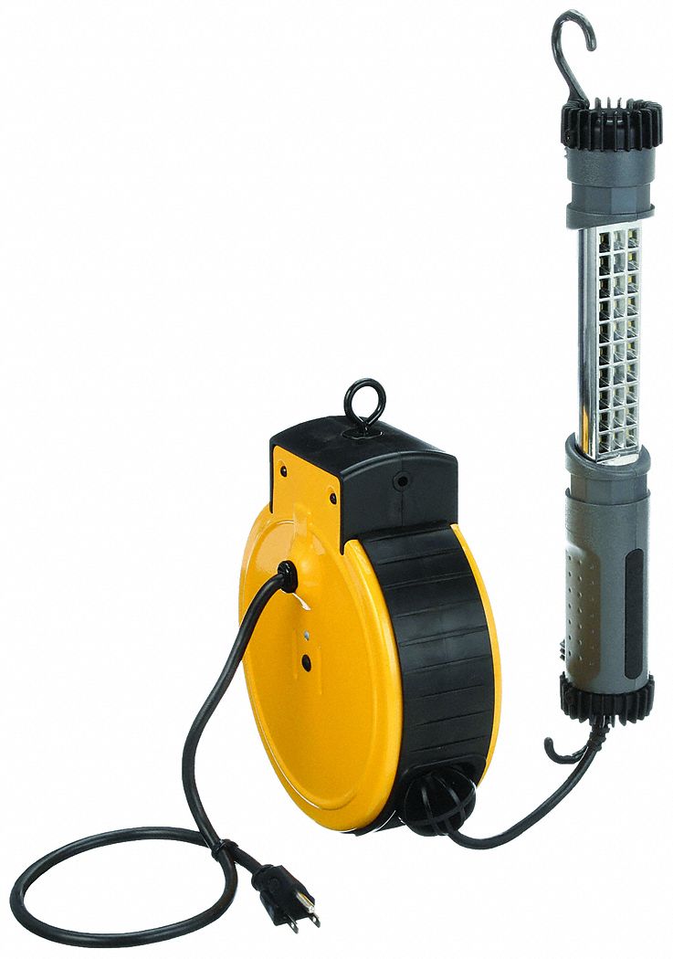 EXTENSION CORD REEL, HAND LAMP, 25 FT RETRACTABLE CORD, 18 AWG WIRE SIZE, 2.4 W LAMP