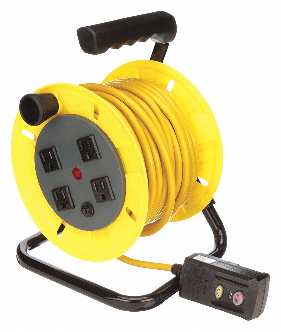 Hand Wind Cord Reel, 120V AC, Quad Receptacle On Reel, 40 ft, Yellow