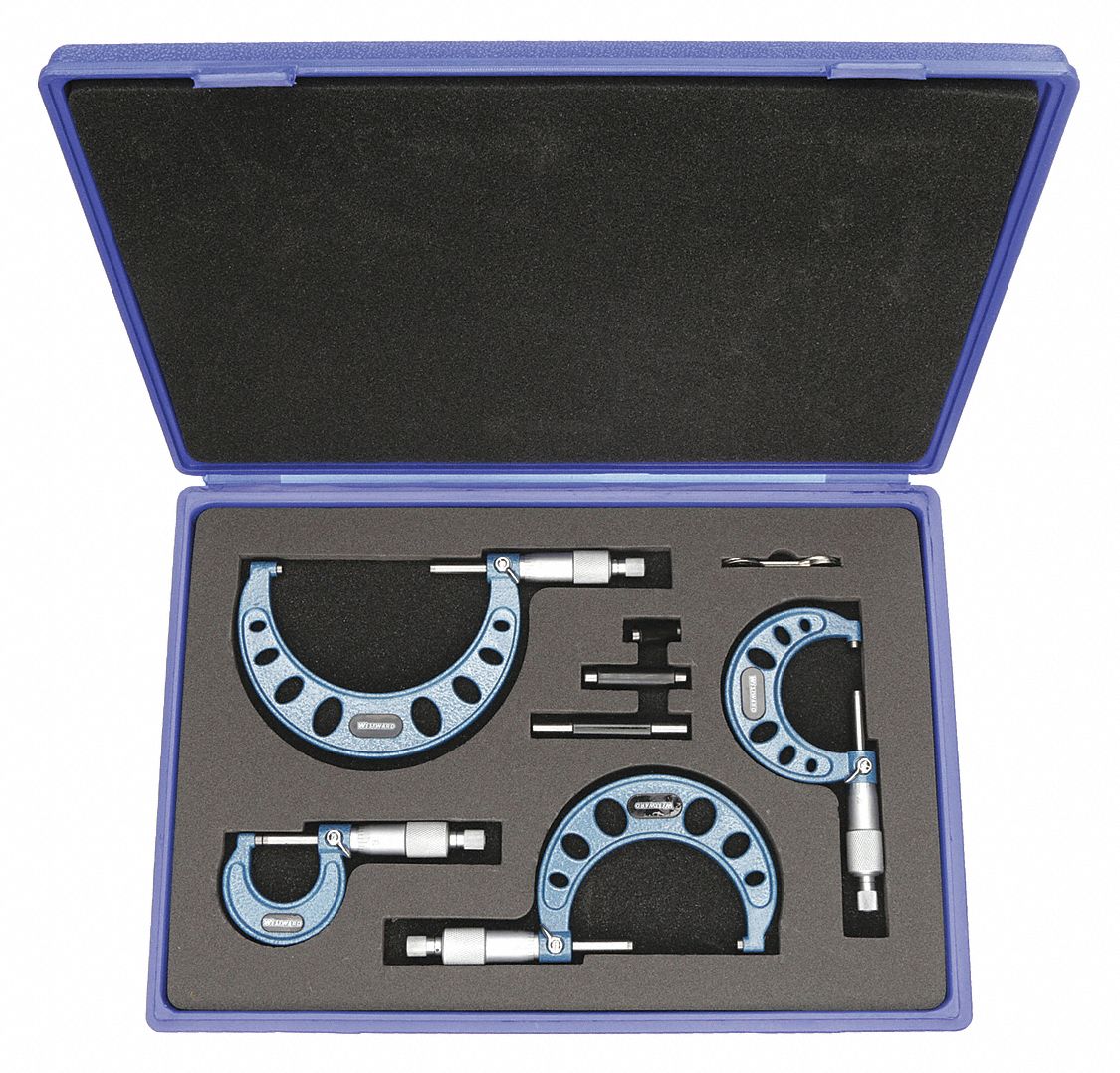 MECHANICAL OUTSIDE MICROMETER SET, 0 TO 4 IN RANGE, +/-01 IN ACCURACY, 4 MICROMETERS