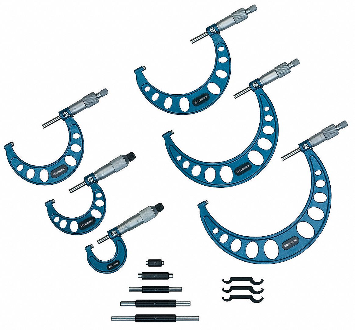 MECHANICAL OUTSIDE MICROMETER SET, 0 TO 6 IN RANGE, +/-01 IN ACCURACY, 6 MICROMETERS