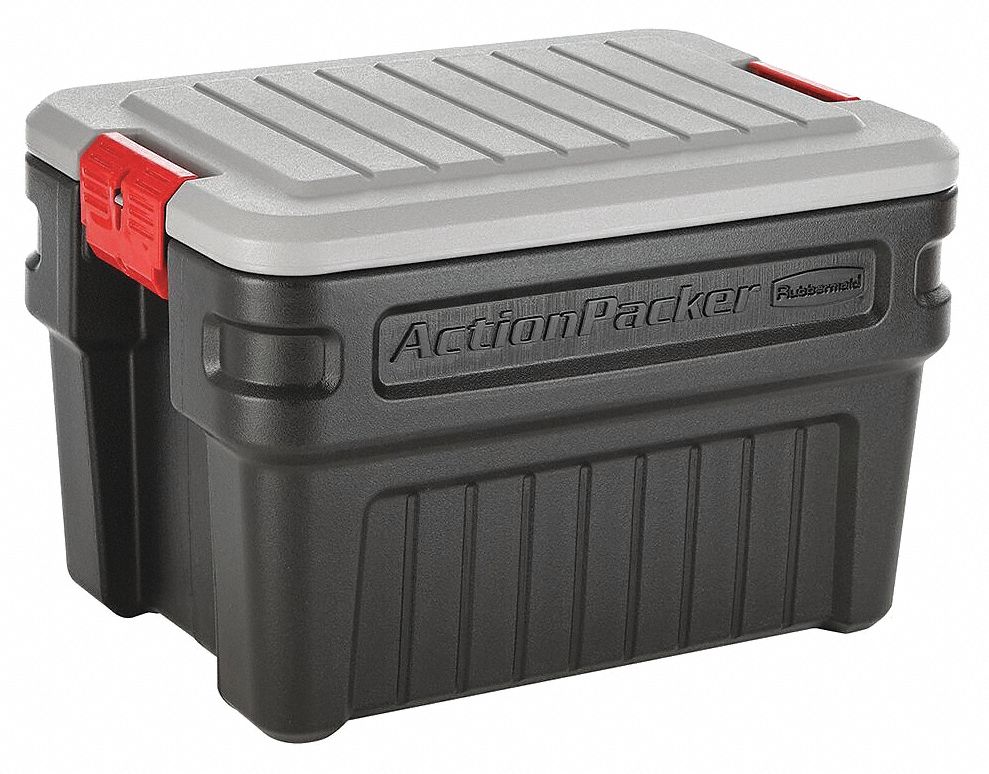 Attached Lid Container: 24 gal, 26 in x 18 1/2 in x 17 in, Black Body, Gray Lid