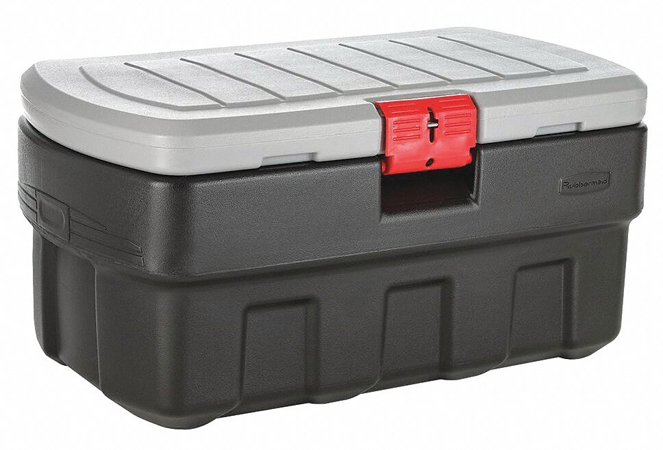 Attached Lid Container: 35 gal, 35 1/4 in x 20 in x 17 1/4 in, Black Body, Gray Lid