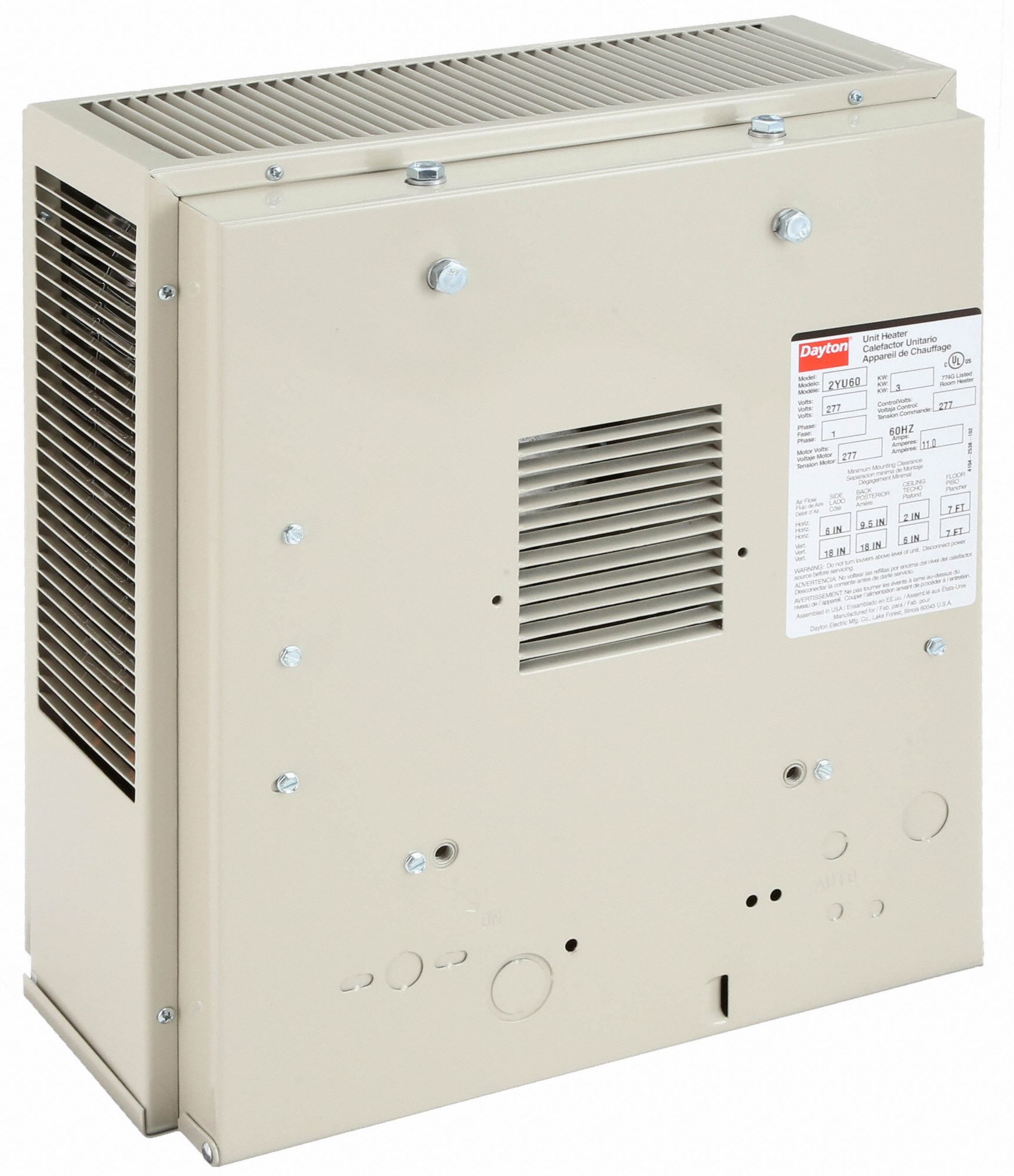 DAYTON Electric Wall & Ceiling Unit Heater, 3kW, 277V AC, 1phase, Air Temp. Rise 27°F 2YU60