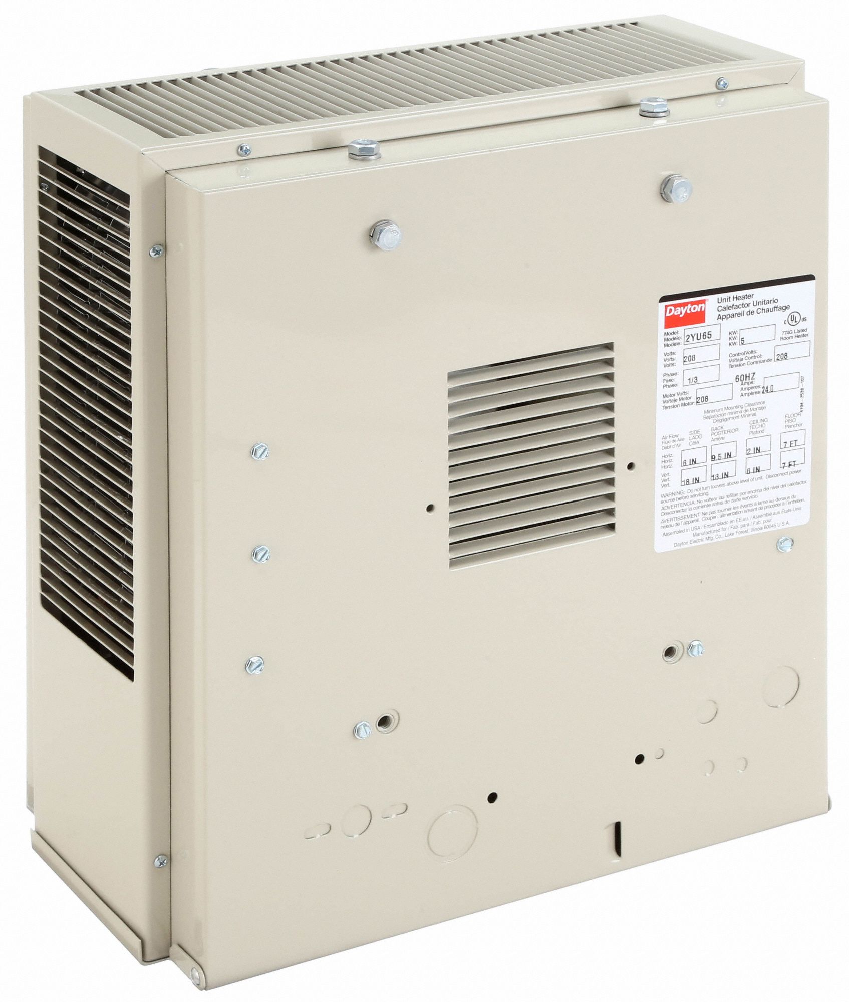 DAYTON Electric Wall & Ceiling Unit Heater 5kW Watt Output, 208V AC, 1 or 3phase, 350 CFM Air