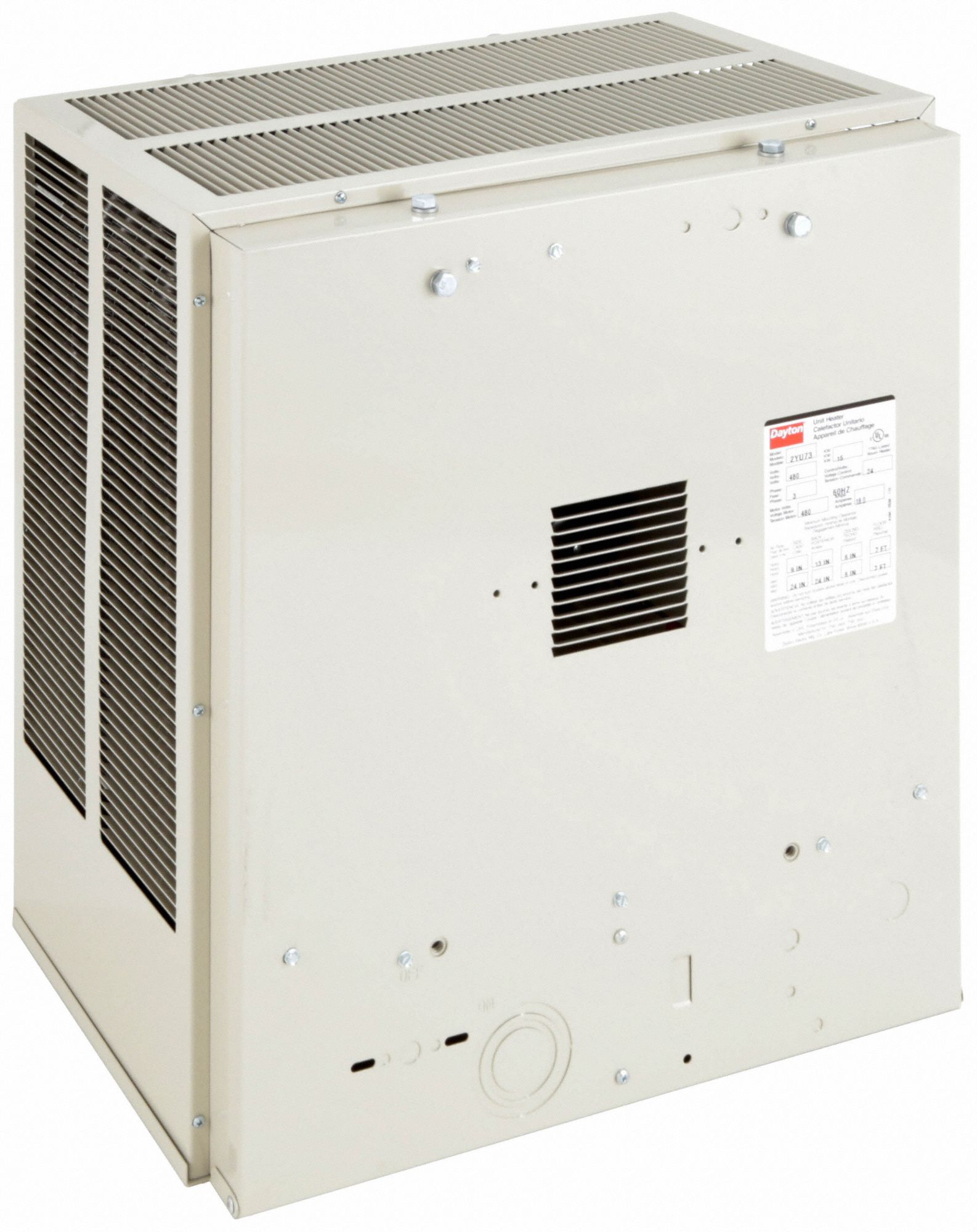 DAYTON Electric Wall & Ceiling Unit Heater, 15kW, 480V AC, 3phase, Air Temp. Rise 52°F 2YU73