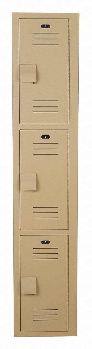 Wardrobe Locker: 12 in x 12 in x 60 in, Louvered, 3 Tiers, 1 Units Wide, Padlock Hasp, Tan