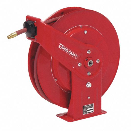 Spring Return Hose Reel: 50 ft (3/8 in I.D.), 1/4 in MNPT, 300 psi Max Op  Pressure, Red, NPT x NPT