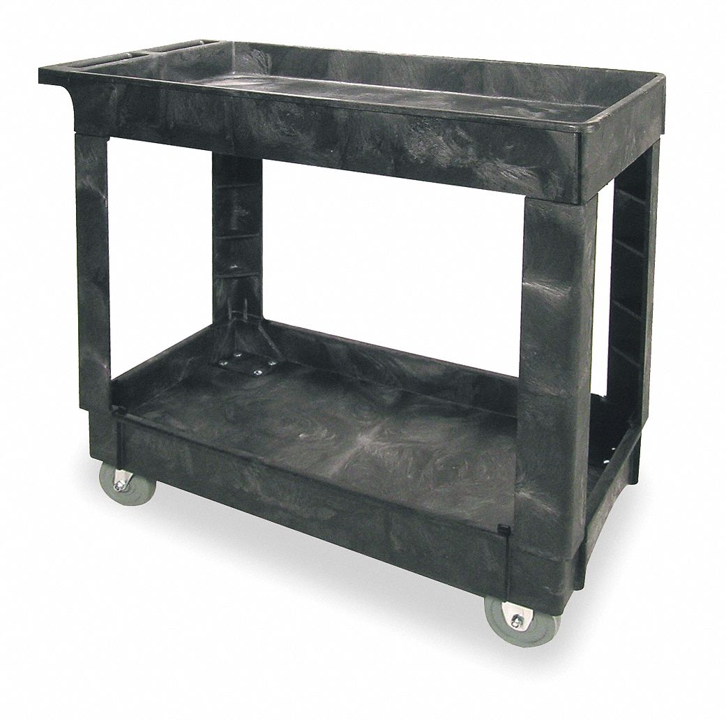 Rubbermaid Commercial Products Convertible Utility Cart, Two-Shelf, Black -  Easily Converts to Platform Truck - Molded Material - Recessed Top Shelf -  Extended Bottom Platform at