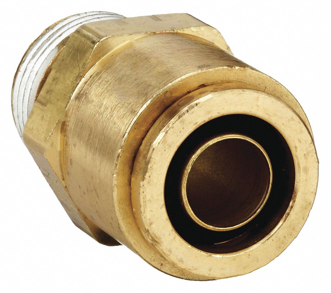Push-Fit Adapter Fitting: 1/2 in OD x 1/2 in Pipe Fitting Size, Push-to-Connect x NPTF, Brass