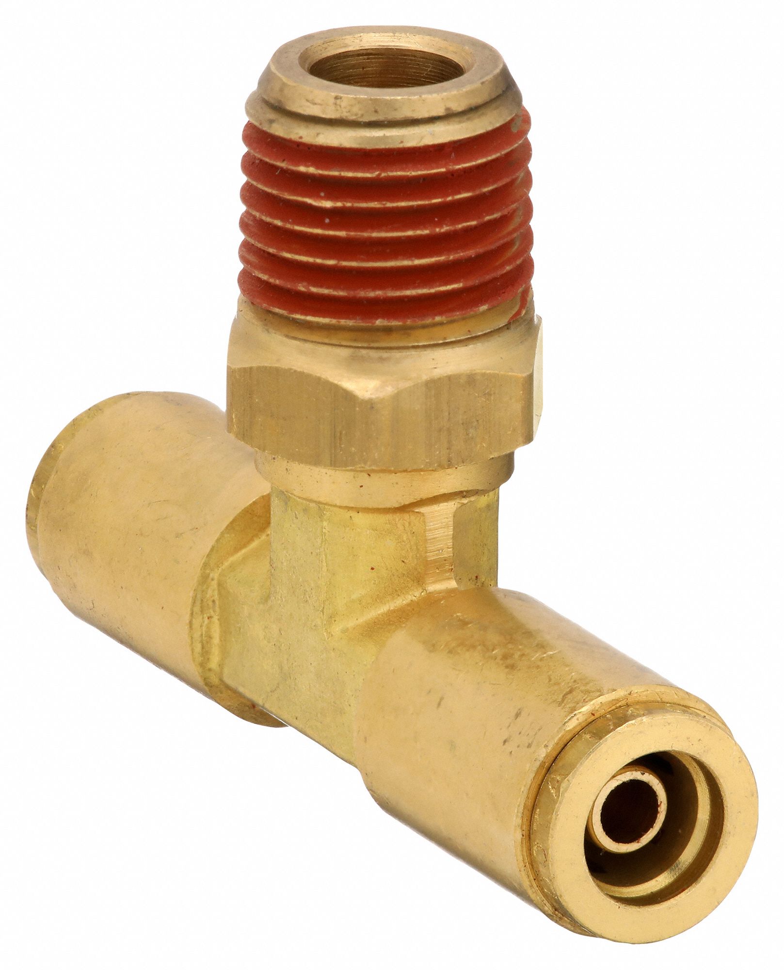 Push-Fit Tee Fitting: 1/2 in OD x 1/2 in OD x 1/2 in Pipe Fitting Size, Brass, Adapter