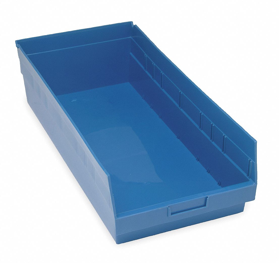 Shelf Bin: 23 5/8 in Overall Lg, 11 1/8 in x 6 in, Blue, Nesting Capable