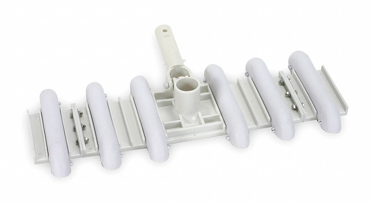 Pool Vacuum: White, Plastic, 19 in Lg, 10 in Wd, 1 3/4 in Ht, 2 in Inlet Dia