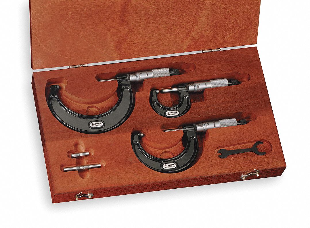 MECHANICAL OUTSIDE MICROMETER SET, 0 TO 3 IN RANGE, +/-001 IN ACCURACY, 3 MICROMETERS