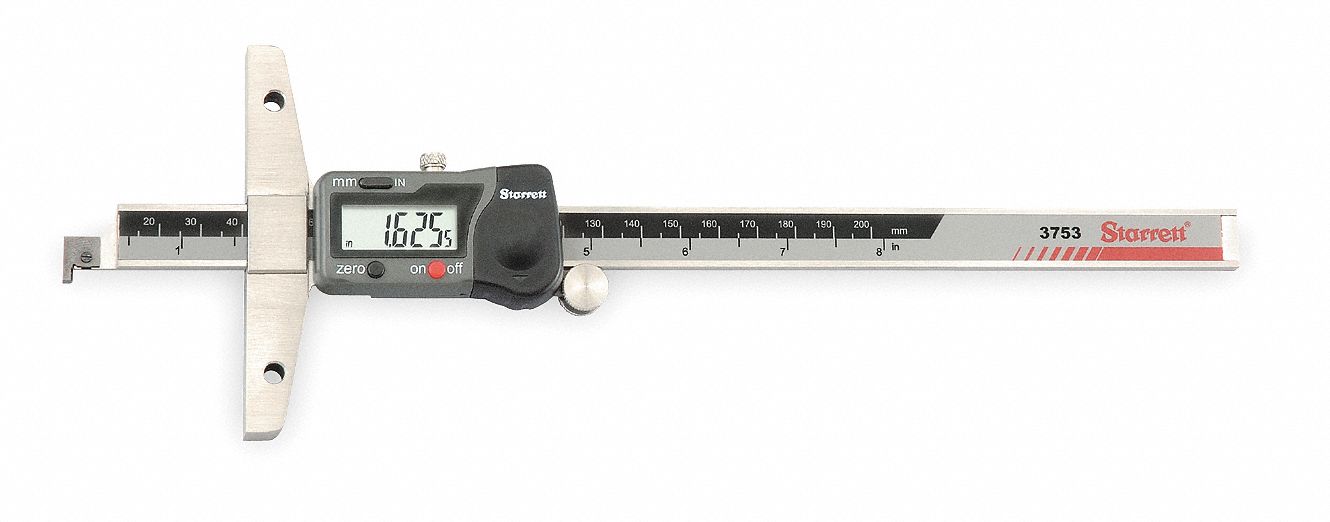 DIGITAL DEPTH GAUGE, 0 IN TO 6 IN/MM TO 15MM RANGE, +/-01 IN ACCURACY, FULL BASE
