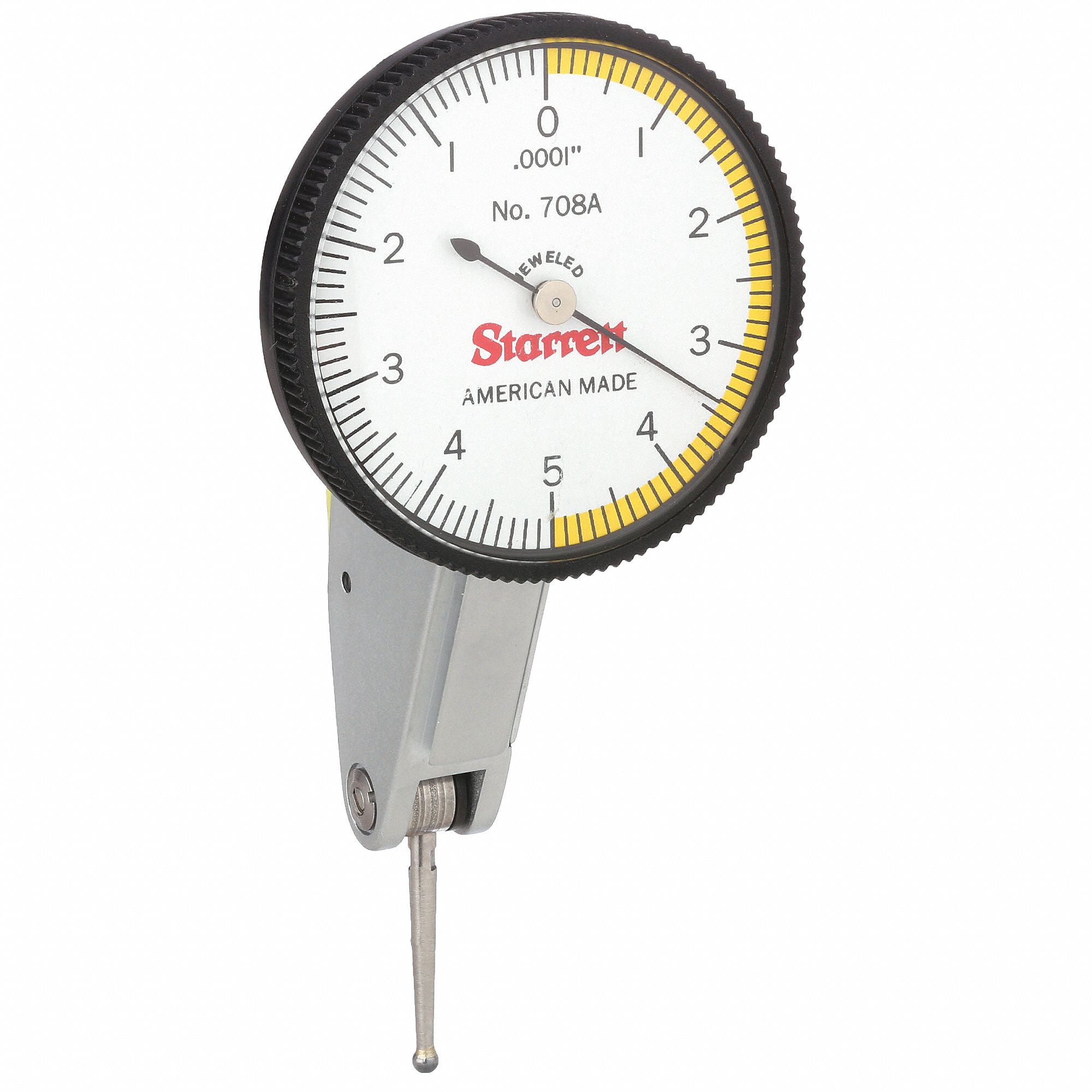 TILTED-FACE DIAL TEST INDICATOR, HORIZONTAL, 0 TO .01 IN RANGE, 0-5-0 DIAL READING, ISO