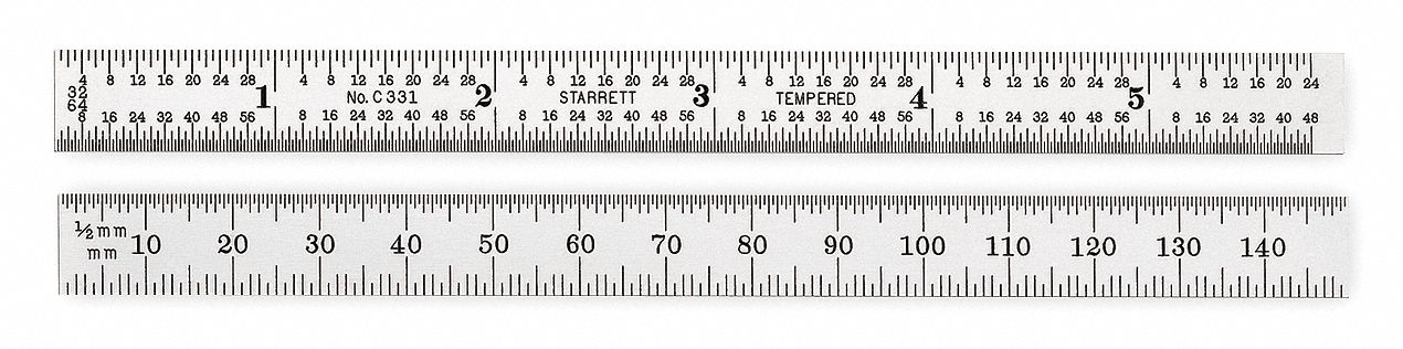 Steel Rule, Flexible: C331-300, 12 in / 300 mm, 0.02 in Thick, 0.5 mm/1/64 in, Chrome, Flex