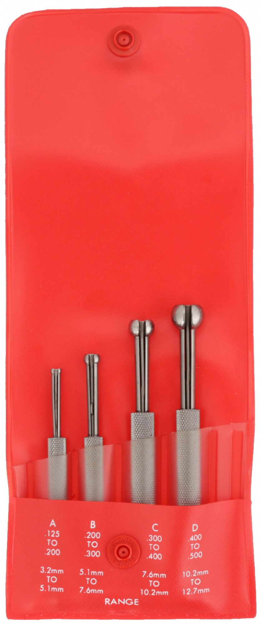Small Hole Gauge Set: 4 Pieces, 0.125 in to 0.5 in Range, Tool Steel, Split Ball Contact