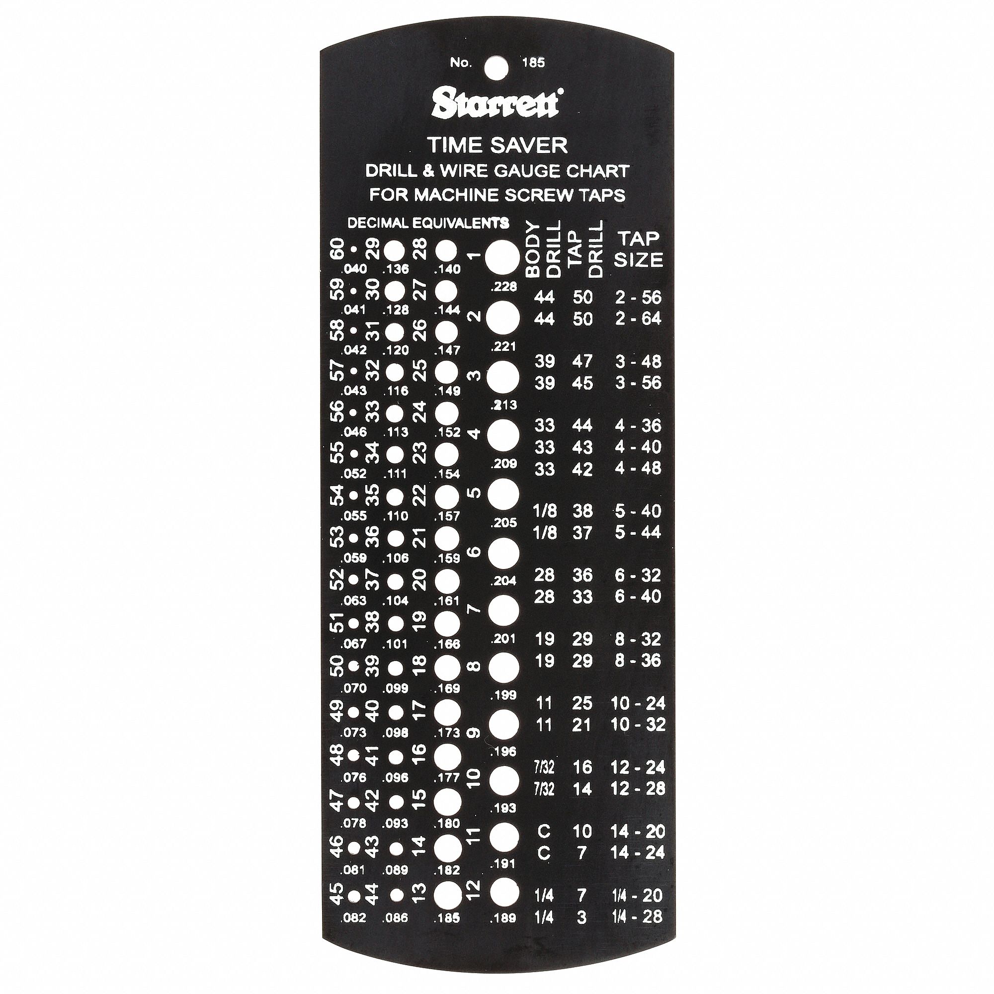 TAP & DRILL BIT GAUGE, FRACTIONAL INCH, 3 AWG TO 17 AWG RANGE, 60 HOLES, STEEL, MATTE