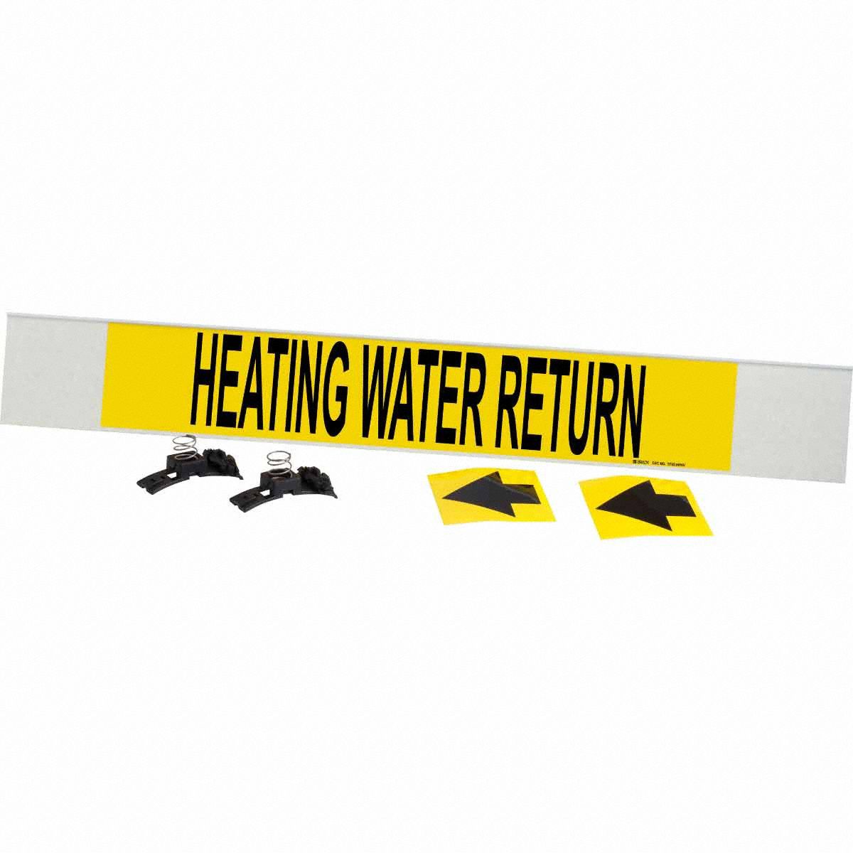 Pipe Marker: Heating Water Return, Yellow, Black, Fits 8 in and Larger Pipe O.D., 1 Pipe Markers