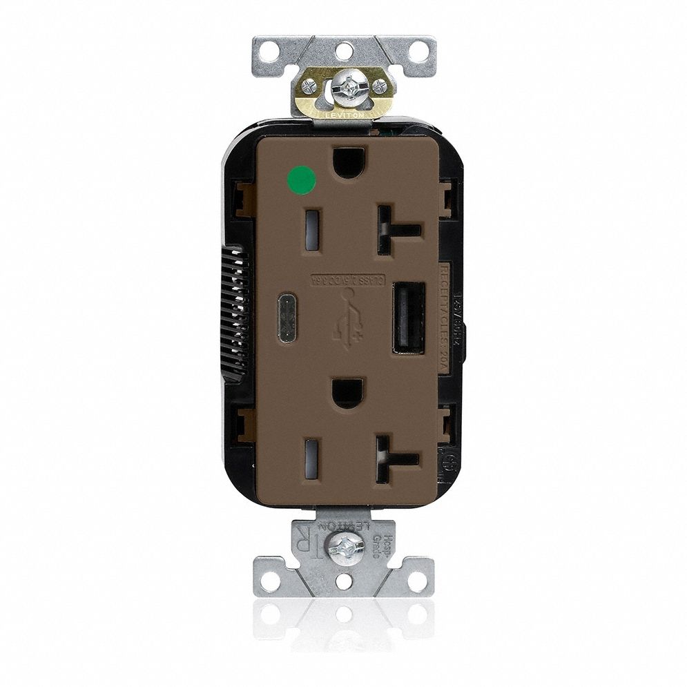 USB Charger Receptacle: 5-20R, 20 A, 125V AC, Brown, A/C USB Connection Type, Hospital Grade