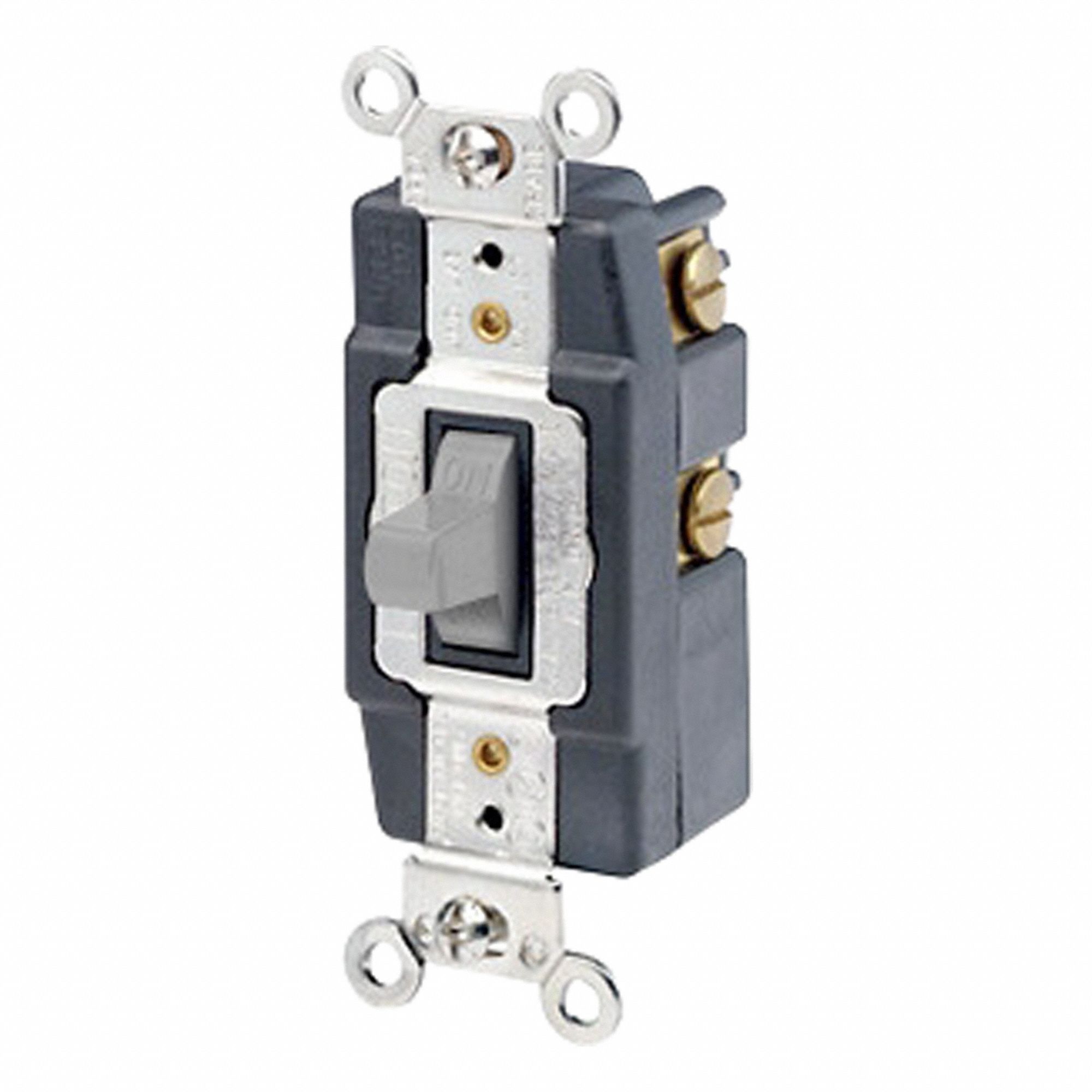 LEVITON Wall Switch: Toggle Switch, Single Pole, Momentary, Gray, 120/277V AC, 20 A (MPN 1257-GY). Key specifications — Illuminated: No; Voltage Rating: 120/277V AC.